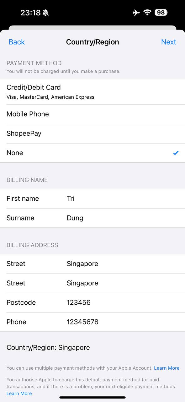 Mẫu điền form khi chuyển vùng sang Singapore