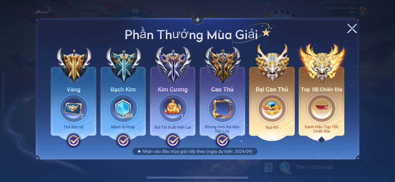 Reset Rank và Phần Thưởng của Mùa S6
