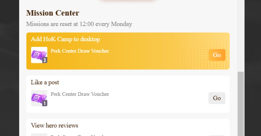 Game thủ hãy hoàn thành những nhiệm vụ mà HOK Camp đưa ra để nhận được những phần quà hấp dẫn