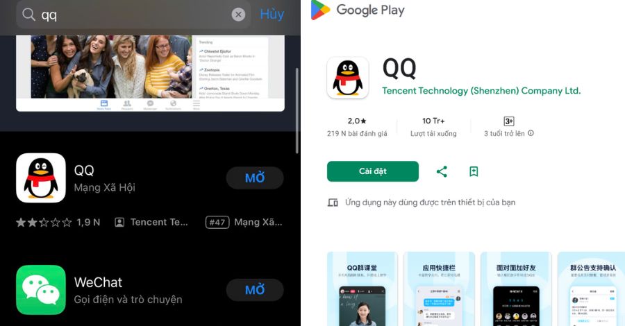Giao diện ứng dụng QQ trên Google Play và AppStore